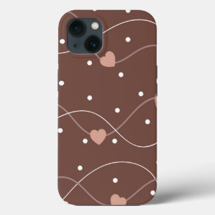 Funda Para iPhone 13 Marrón chocolate con patrón de corazón rosado