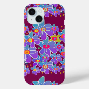 Funda Para iPhone 15 Marrón de flores moradas azules