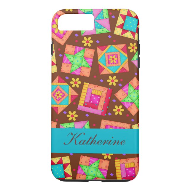 Funda De Case-Mate Para iPhone Marrón Quilt Art Parchwork Blocks Nombre Personali (Reverso)