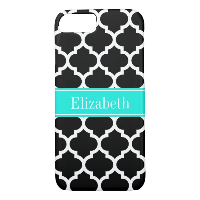 Funda De Case-Mate Para iPhone Marroquí blanco negro #5 Brt Aqua Nombre Monograma (Reverso)