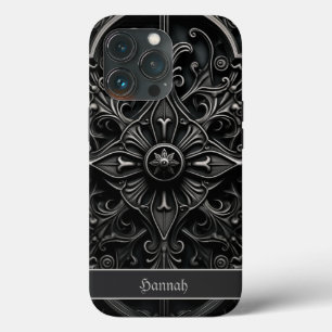 Funda Para iPhone 13 Pro Medallón negro gótico oscuro y filigrí gris