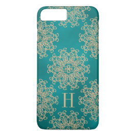 Funda Para iPhone 8 Plus/7 Plus Medallón Verde azulado monogramado y exótico de or