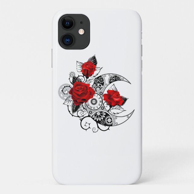 Funda De Case-Mate Para iPhone Media luna mecánica con rosas rojas (Reverso)