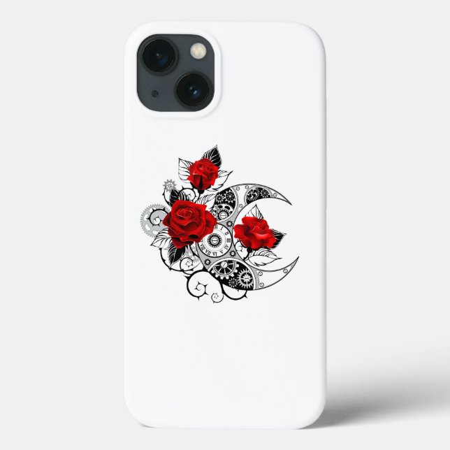 Funda De Case-Mate Para iPhone Media luna mecánica con rosas rojas (Reverso)