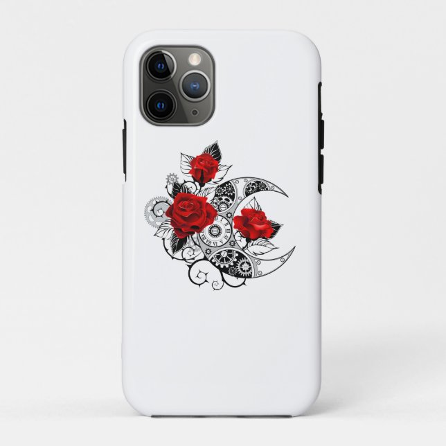 Funda De Case-Mate Para iPhone Media luna mecánica con rosas rojas (Reverso)