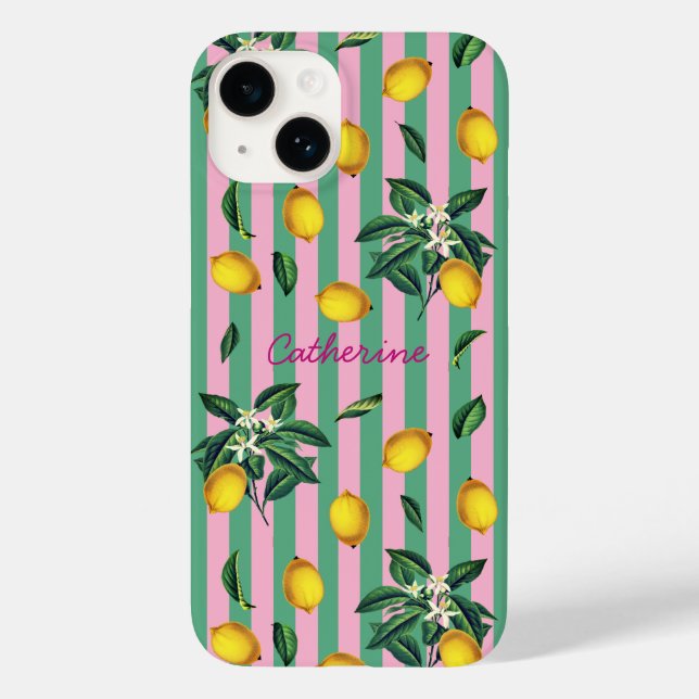 Funda De Case-Mate Para iPhone Mediterranean Lemons Pink Green Stripes Name (Reverso )