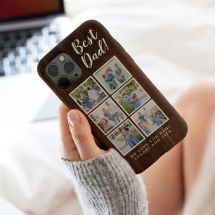 Funda Para iPhone 15 Mejor Papá Collage de 6 Fotos con Textura de Mader