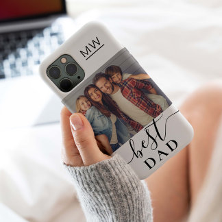 Funda Para iPhone 15 Mejor Papá Monograma Moderno Script Foto Blanco