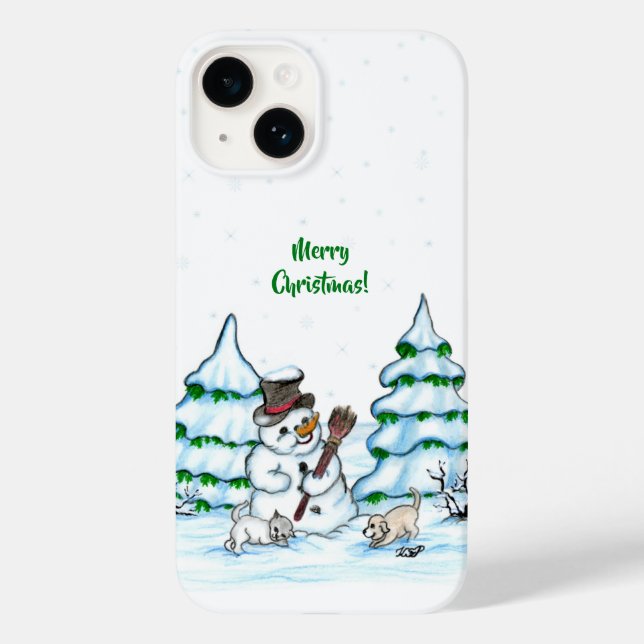 Funda De Case-Mate Para iPhone Merry Christmas! Snowman with Cat and Puppy (Reverso )