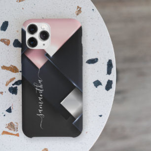 Funda Para iPhone 13 Metal 3-D Monograma Cuadrados Rosa Negro