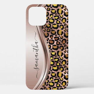 Funda Para iPhone 12 Pro Metal con Nombre Manuscrito Leopardo en Oro de Ros