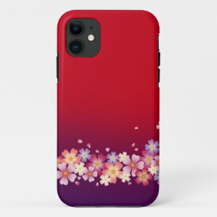 Funda Para iPhone 11 Mezcla Sakura Flores Kimono Estilo Rojo y Púrpura