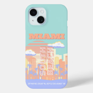 Funda Para iPhone 15 Miami Beach, Arte de Viajes a Miami, Cuarto Preppy