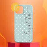 Funda Para iPhone 14 De Case-Mate Mini puntos de polka con nombre gris guión verde a<br><div class="desc">Un diseño polkadot femenino y jocoso con un nombre escrito a mano, caligrafía. El nombre es una gran firma en el costado de la cubierta con un suave y pequeño patrón de puntos polka en el fondo. Puede cambiar el color haciendo clic en el área personalizar y eligiendo un color...</div>