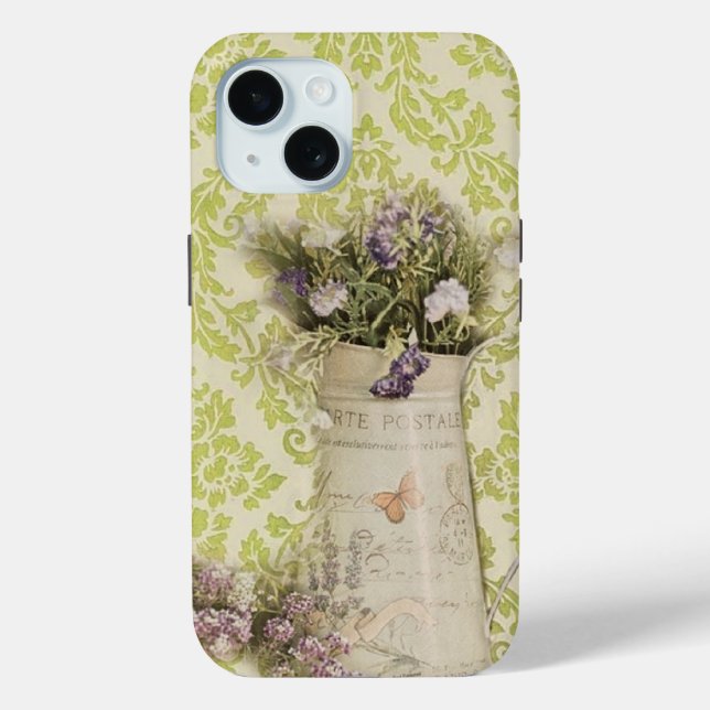 Funda De Case-Mate Para iPhone Mint damask lavender flor rústico campo francés (Reverso )