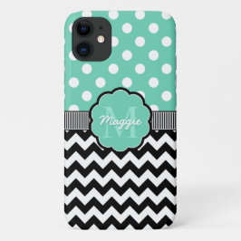 Funda Para iPhone 11 Mint Polka Dots Black Chevron Monograma