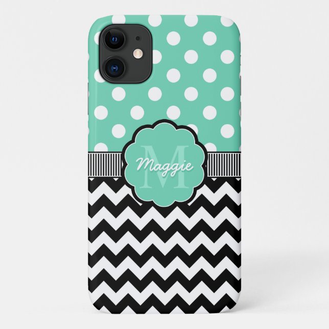 Funda De Case-Mate Para iPhone Mint Polka Dots Black Chevron Monograma (Reverso)