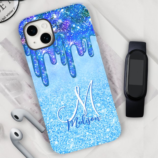 Funda De Case-Mate Para iPhone Moda azul oscuro purpurina goteo monogramo (Subido por el creador)