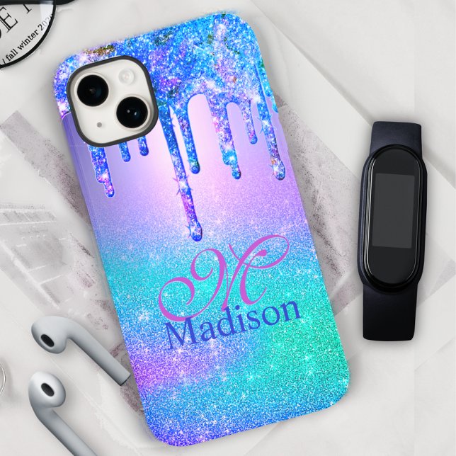 Funda De Case-Mate Para iPhone Moda azul púrpura purpurina laca monograma (Subido por el creador)
