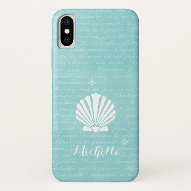 Funda De Case-Mate Para iPhone Moda Beach Girly Aqua Scallop Shell con nombre (Reverso)