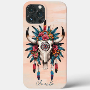 Funda Para iPhone 13 Pro Max Moda Boho Acuarela Tribal Floral Cow Skull