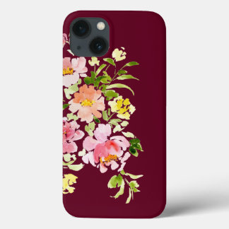Funda Para iPhone 13 Moda color burdeos acuarela flores floral elegante