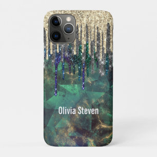 Funda Para iPhone 11 Pro Moda color turquesa verde purpurina de oro goteo m