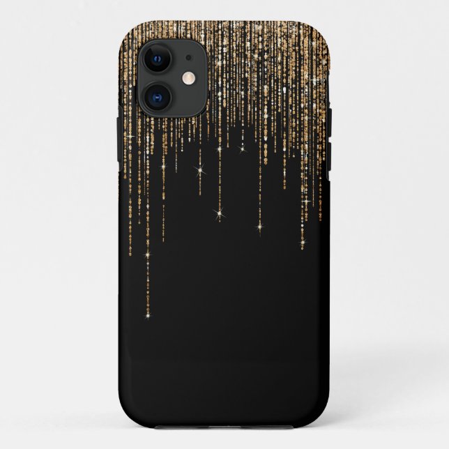 Funda De Case-Mate Para iPhone Moda de lujo Black Gold Sparkly Purpurina Fringe (Reverso)
