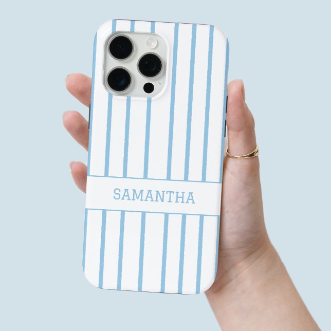 Funda De Case-Mate Para iPhone Moda de nombre personalizada con rayas azules mode (Modern Blue Striped Personalized Name Chic White Case-Mate iPhone Case)