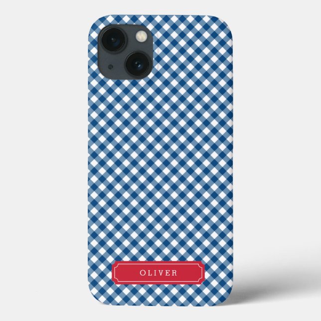 Funda De Case-Mate Para iPhone Moda de país Blue Gingham Personaliza con Nombre (Reverso)