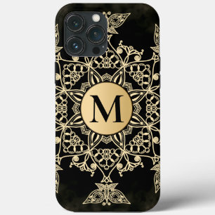 Funda Para iPhone 13 Pro Max Moda dorado negro monograma mandala giratoria
