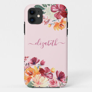 Funda Para iPhone 11 Moda Elegante Borgoña Naranja Rosa Nombre Floral