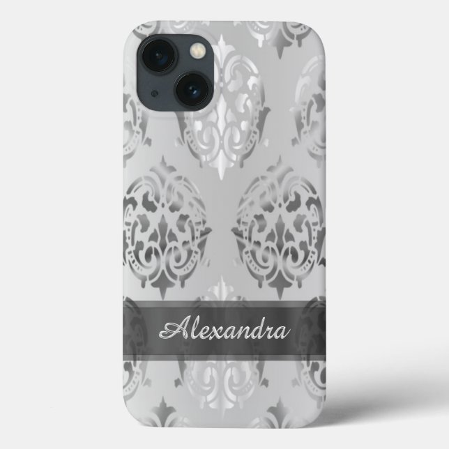 Funda De Case-Mate Para iPhone Moda elegante damasco personalizado gris plateado (Reverso)