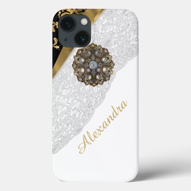 Funda De Case-Mate Para iPhone Moda elegante encaje blanco negro y dorado (Reverso)