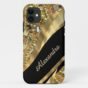 Funda Para iPhone 11 Moda elegante negro y oro bling personalizado