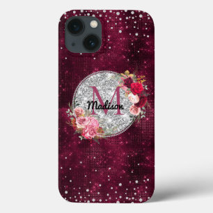 Funda Para iPhone 13 Moda falsa Purpurina plateado Burgundy Floral mono
