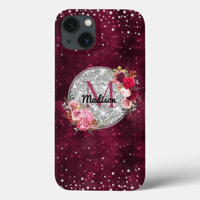 Funda De Case-Mate Para iPhone Moda falsa Purpurina plateado Burgundy Floral mono (Reverso)