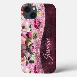 Funda Para iPhone 13 Moda floral Borgoña rosa purpurina monograma