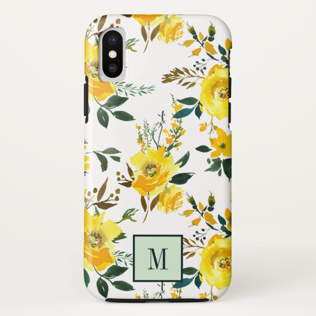 Funda De Case-Mate Para iPhone Moda Flores amarillas y hojas monograma (Reverso)
