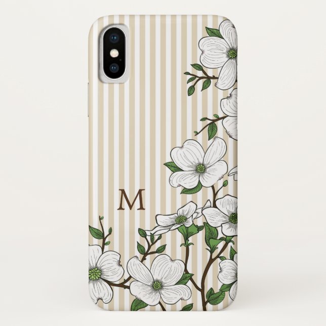 Funda De Case-Mate Para iPhone Moda Flores y rayas de dogwood Monograma (Reverso)