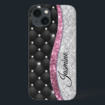 Funda Para iPhone 13 Moda giratoria purpurina plateado monograma rosa n<br><div class="desc">moda de bonito y elegantes purpurinas de color plateado y diamantes de imitación con un diseño de relleno negro para crear un funda especial y elegante para proteger su equipo. Hermosa, moderna y fresca cubierta para el martiritero de moda y amante del arte. Este elegante y sofisticado diseño sería ideal...</div>