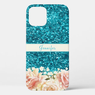 Funda Para iPhone 12 Moda Girly Blue Purpurina Diseño de nombre floral