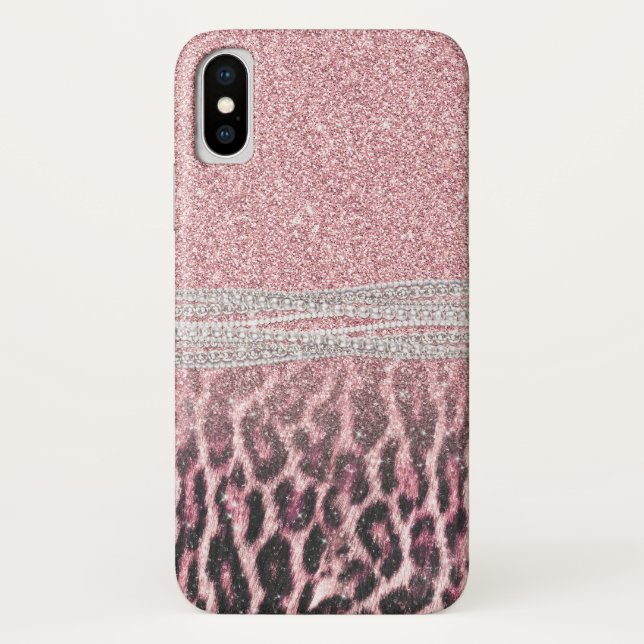 Funda De Case-Mate Para iPhone Moda Girly Pink Leopard Purpurina de impresión ani (Reverso)