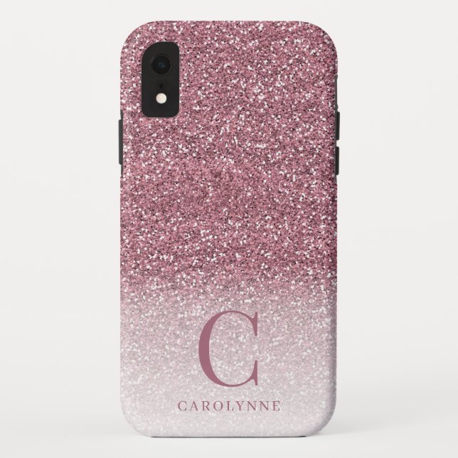 Funda De Case-Mate Para iPhone Moda Girly Rubor Purpurina rosa Ombre Monograma (Reverso)