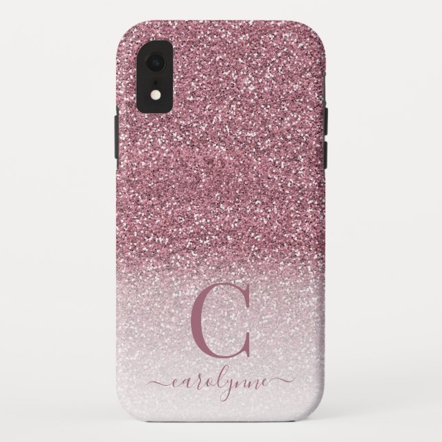 Funda De Case-Mate Para iPhone Moda Girly Rubor Purpurina rosa Ombre Monograma (Reverso)