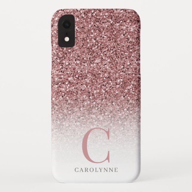Funda De Case-Mate Para iPhone Moda Girly Rubor Purpurina rosa Ombre Monograma (Reverso)