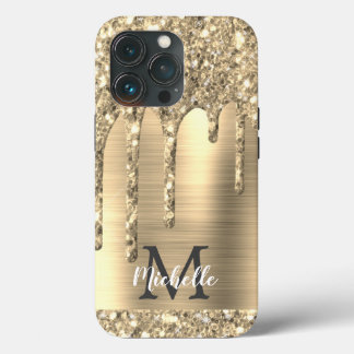 Funda Para iPhone 13 Pro Moda Goma Oro Purpurinas Gotas Monograma Metalizad