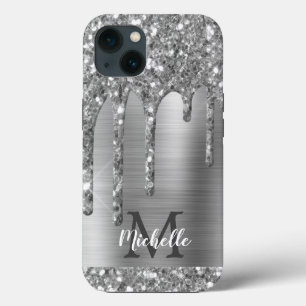 Funda Para iPhone 13 Moda Gris Purpurina Plata Perforaciones Monograma