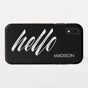 Funda Para iPhone XR Moda Hello Script y tu nombre Blanco negro