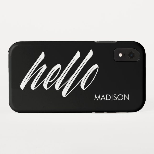 Funda De Case-Mate Para iPhone Moda Hello Script y tu nombre Blanco negro (Reverso (horizontal))